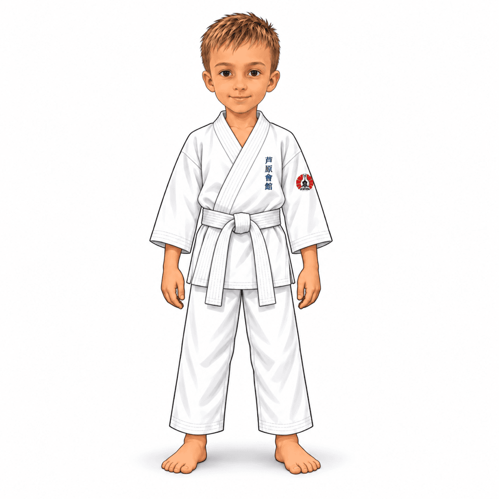 Šimon z SK Katana ukazuje Dōgi / Gi. Tradiční cvičební úbor v karate skládající se z kabátu (uwagi), kalhot (zubon) a pásku (obi).
