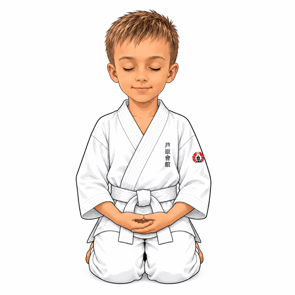 Šimon z SK Katana ukazuje Mokusō. Krátká tichá meditace v pozici seiza na začátku a na konci tréninku pro zklidnění mysli a soustředění.