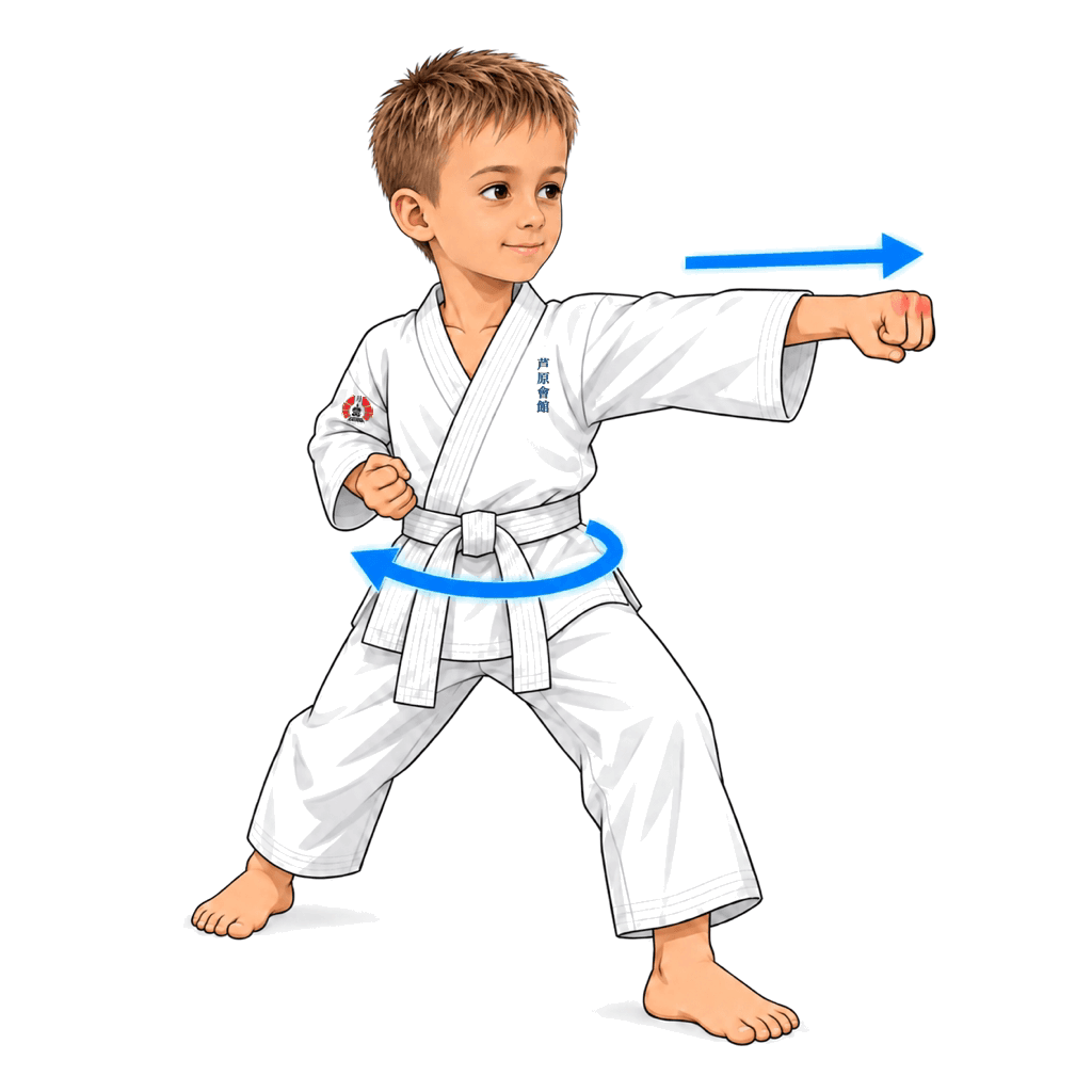 Šimon z SK Katana ukazuje Tsuki / Zuki. Přímý úder pěstí s bleskovou rotací předloktí a zapojením boků.