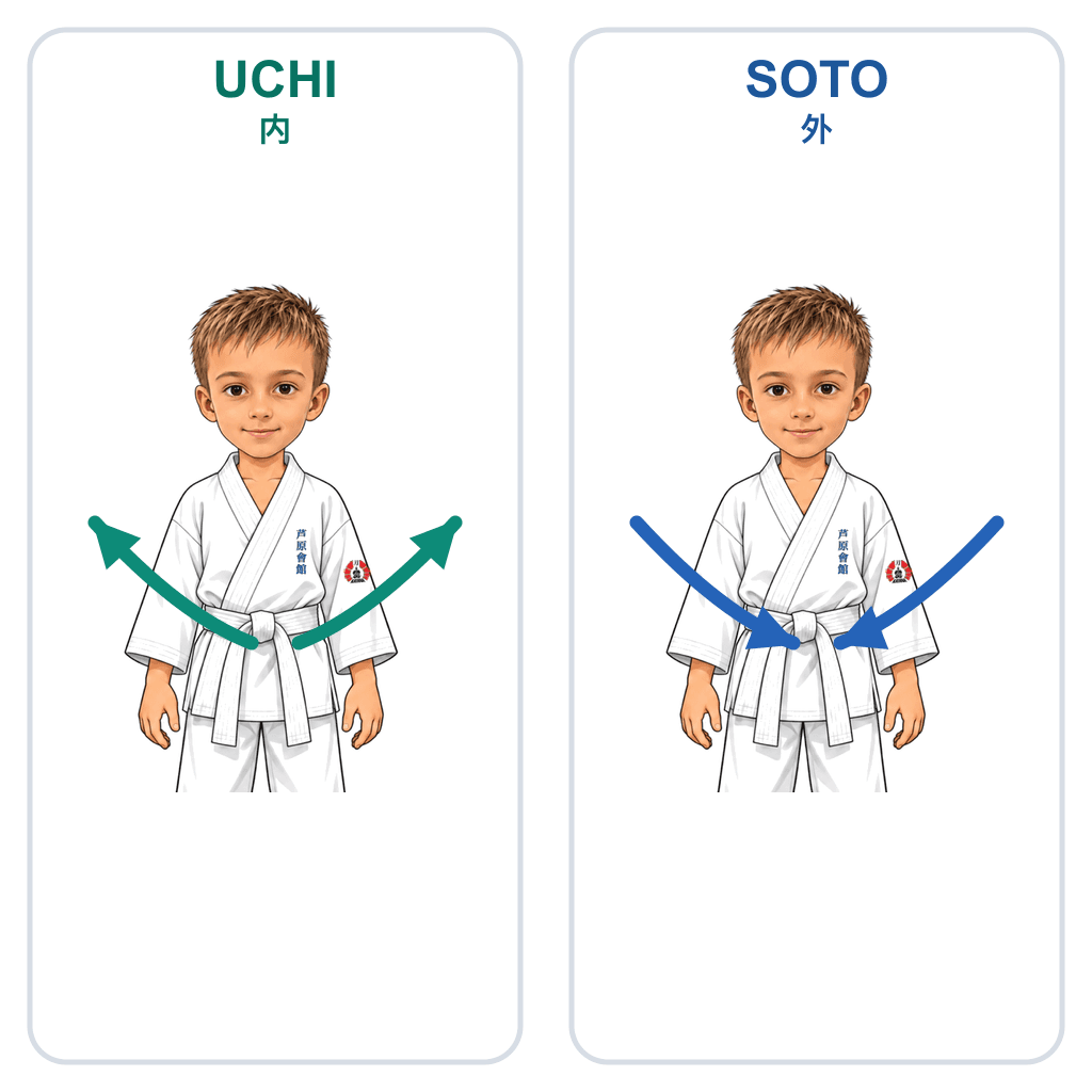 Šimon z SK Katana ukazuje Uchi. Vnitřní / zevnitř (směr pohybu zevnitř ven nebo vnitřní strana těla/nohy).